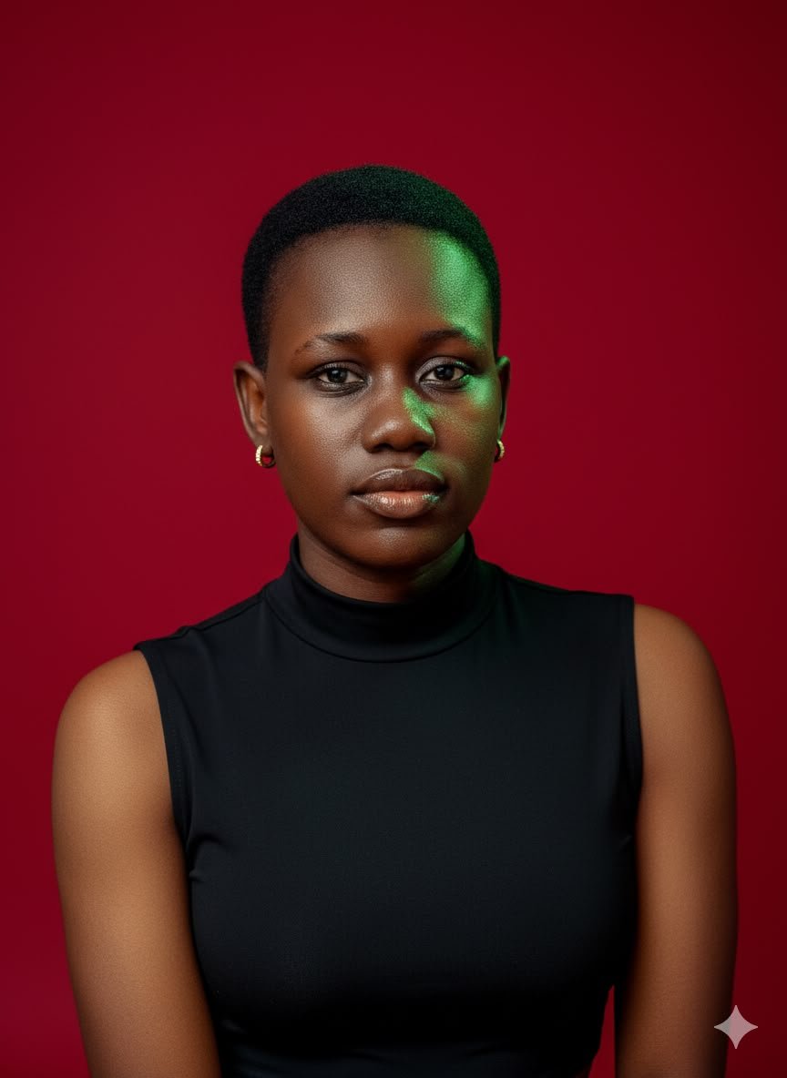 Portrait of Ginikachukwu Ukwueze in a black top against a deep red background