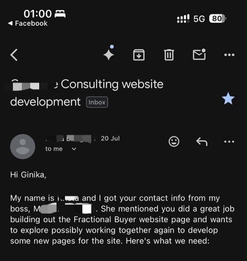 Email referral praising the Fractional Buyer page build and requesting new pages