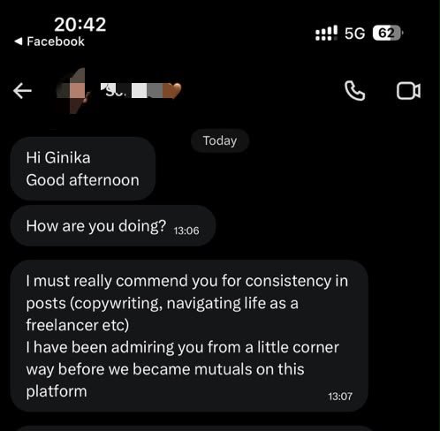 Facebook message commending Ginikachukwu's consistency in copywriting posts