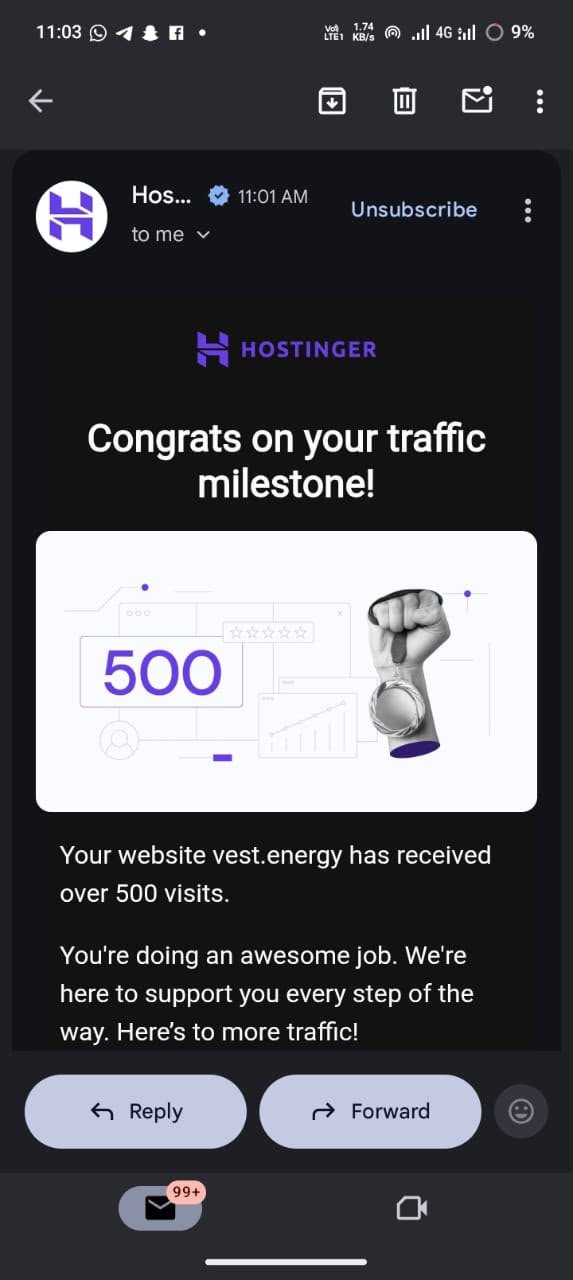 Hostinger notification showing vest.energy passing 500 visits