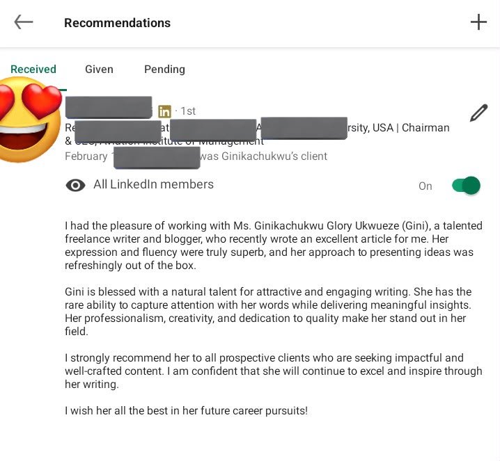 LinkedIn recommendation from an aviation institute CEO praising Ginikachukwu's writing