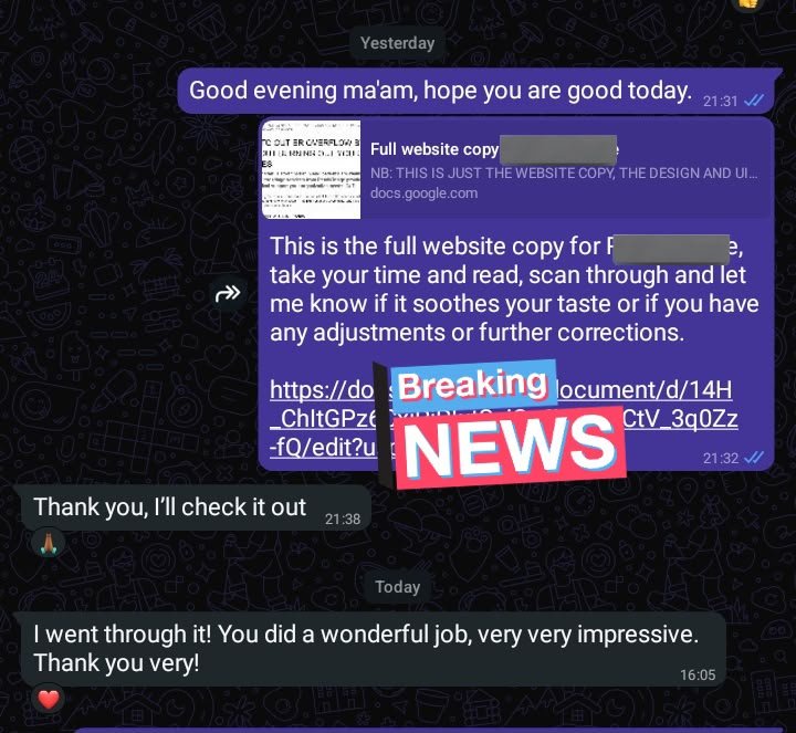 Telegram message from a client: You did a wonderful job, very very impressive