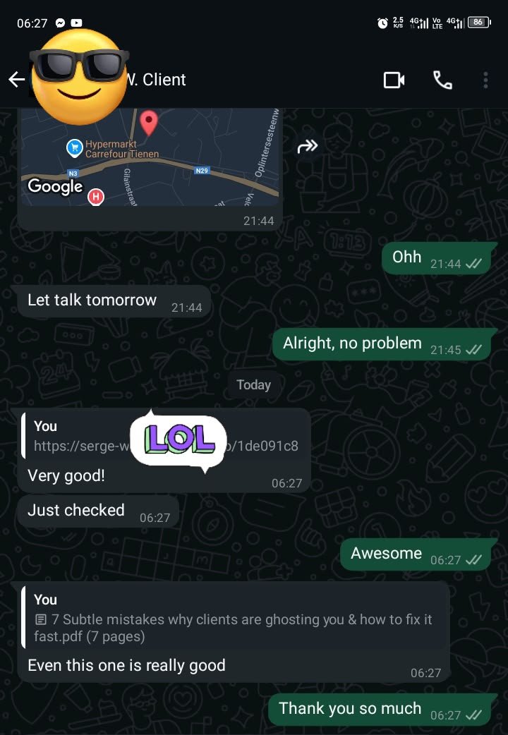 WhatsApp conversation with a client reacting Very good and Even this one is really good