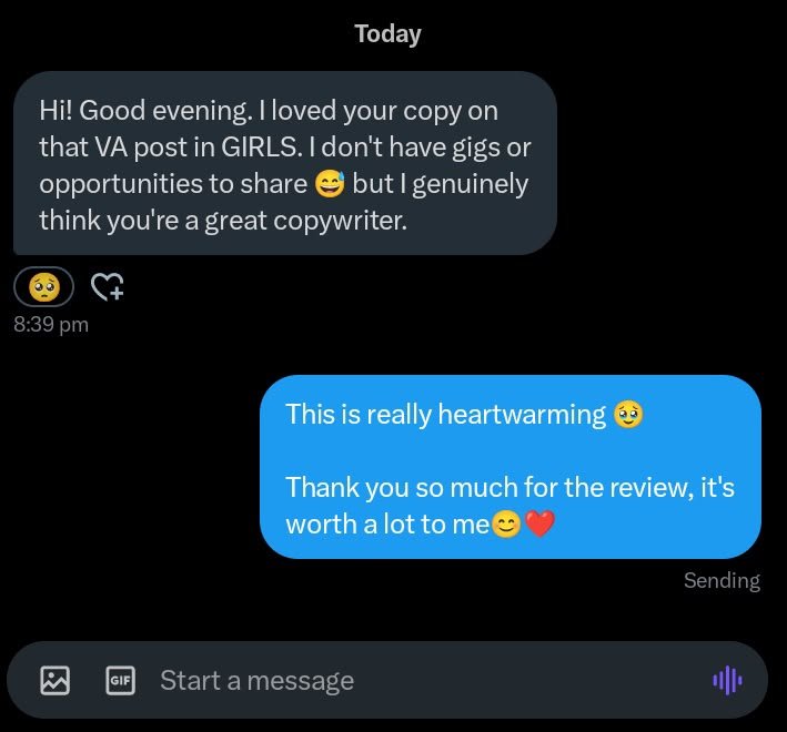 X direct message: I genuinely think you're a great copywriter